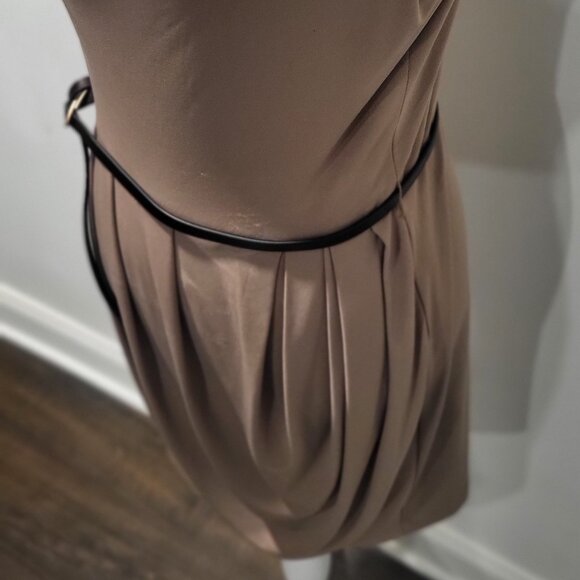 Calvin Klein Size 4 Tan Sleeveless, Belted Dress, Cowl Neck - Picture 3 of 7